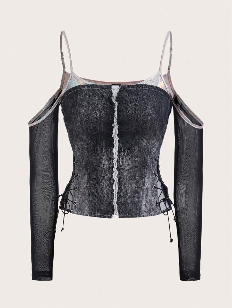 SHEIN X Danna Paola SHEIN ICON Contrast Mesh Sleeve Top - Multicolor - View 1