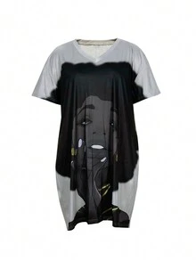 大尺碼休閒肖像印花短袖連衣裙 - 灰色 - 查看 3