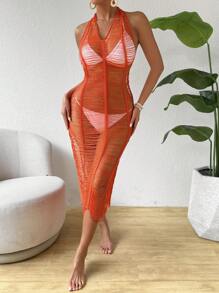 Breezaya Ladies' Hollow Out & See-Through Solid Color Halter Neck Sweater Dress