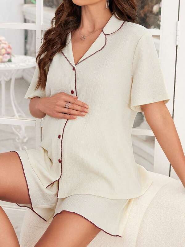 Maternity Color Block Lace Trim Button Down Top And Shorts Homewear Set For Mother