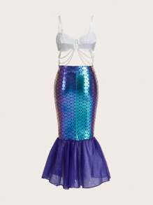 Holographic Fish Scale Print Pearls Beaded Mermaid Costume Set - Multicolor - View 2