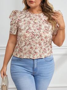 SHEIN Clasi Camisa de manga gigot con estampado floral pequeño para tallas grandes, para el verano