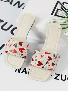 女士紅白心形印花pu扁平涼鞋,用於婚禮；女士白色扁平涼鞋,適用於戶外活動和休閒穿著,2024年新品 - 白色 - 查看 5