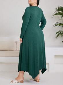 Mulvari Plus Size Solid Color Round Neck Pleated Long Sleeve Casual Dress