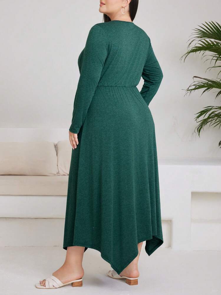 Plus Size Solid Color Round Neck Pleated Long Sleeve Casual Dress