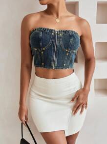 Aveloria Retro Style Zipper Detail Denim Bustier Top With Pearl Embellishments