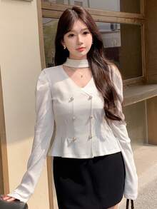 DAZY Women's Solid Color Double Breasted Bubble Sleeve T-Shirt - White - View 7