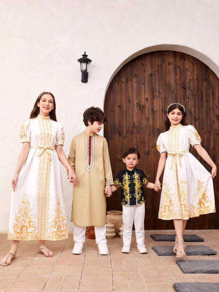 Tween Girls' Cute Stand Collar & Pattern Printed Short Sleeve Dress