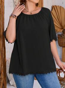 EMERY ROSE Plus Size Solid Color Lace Panel Shirt