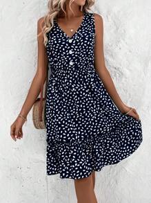 Breezaya 滿版印花荷葉邊連衣裙 - 藏蓝色 - 查看 4