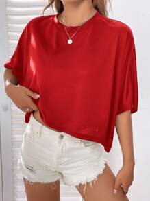 SHEIN EZwear Camiseta Sólida Corta De Manga Murciélago - Rojo - Ver 5