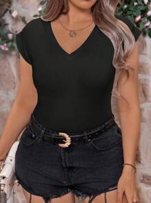 Calvaya Plus Size V-Neck Pleated Solid Color T-Shirt
