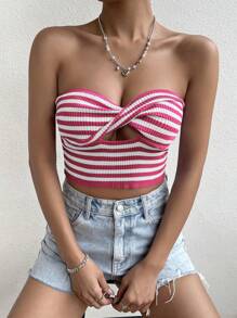 SHEIN LUNE Women's Striped Twisted Knot Cut Out Strapless Knitted Top - Multicolor - View 1