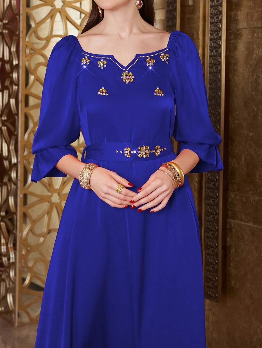 Modelyn Casual Dress With Rhinestone Decoration, Notched Lapel And Drawstring Waist - Blue - View 1
