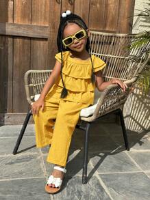 SHEIN 年輕女孩的休閒舒適編織純色方領套裝,適用於度假 - 黃色 - 查看 5