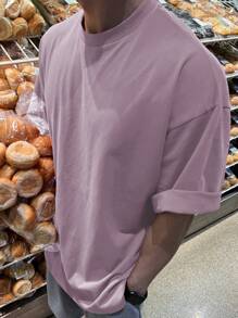 DAZY Men's Solid Color Oversized Round Neckline Drop-Shoulder Loose T-Shirt - Purple - View 5