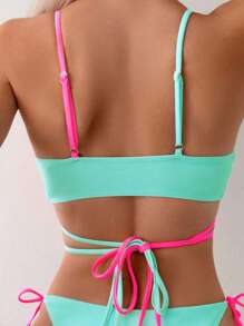 SHEIN Swim 夏季海灘女性對比色交叉背比基尼套裝 - 彩色 - 查看 5