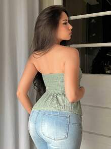 Firerie Top tubo elegante para mujer hecho de tejido texturizado con dobladillo de volantes - Verde - Ver 3