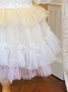 Baby Girl Lace Tulle Ruffle Hem Dress With Puff Sleeves - Beige - View 4
