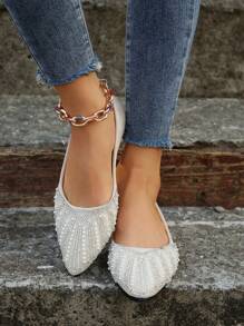 女士新款春秋款百搭仙女风仿珍珠舒适时尚平底鞋情人节 - 米色 - 查看 6