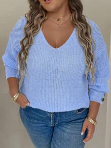 EMERY ROSE Kích thước lớn Trang trí Nút Cổ chữ V Lỏng lẻo Áo len dệt kim Với Vai - Màu xanh lam - Xem 3