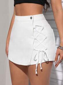 SHEIN PETITE Falda Corta De Mezclilla Ajustada Para Mujer Con Cordón En El Lateral