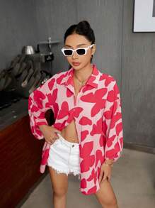 Aveloria Heart Print Buttoned Down Long Sleeve Shirt - Multicolor - View 5