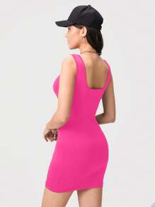 SHEIN BASICS Chất rắn Xe tăng Quần bó Giải trí Bữa tối Ngày đêm Đầm - Màu Hồng Tươi - Xem 2