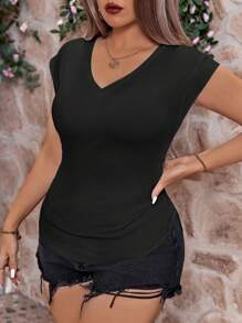 Calvaya Plus Size V-Neck Pleated Solid Color T-Shirt