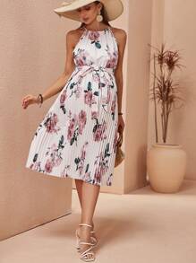 SHEIN Maternity Summer City Casual Floral Printed Pleated Hem Halter Neck Dress - White - View 4