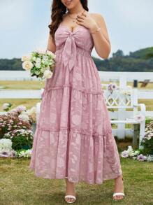 Celure Vestido de talla grande sin mangas con recorte y nudo en la espalda de unicolor - Rosa - Ver 3