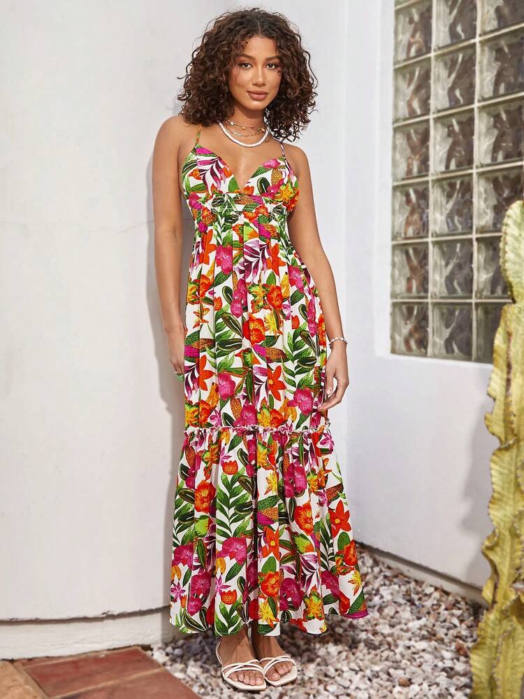 Women's Casual Summer Floral & Plant Print Strappy Backless Dress With Tie Backs