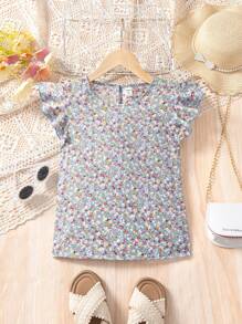 SHEIN Tween女孩寬鬆休閒襯衫，波浪式下擺和圓領，編織印花，非常適合度假 - 藍色 - 查看 1