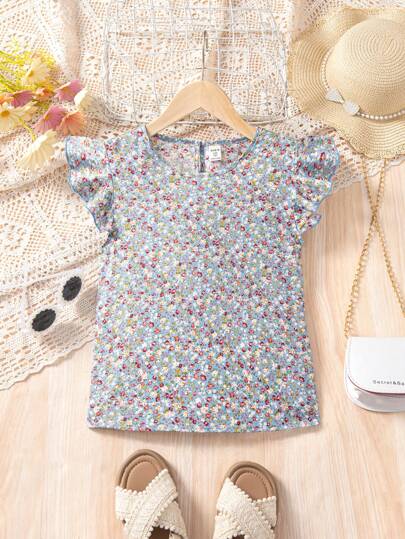 SHEIN Camicia casual oversize per ragazzina con orlo ondulato e scollatura rotonda, stampa floreale tessuta, ottima per le vacanze