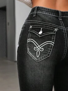 SHEIN ICON Washed Flared Jeans With Slanted Pockets - Black - View 4