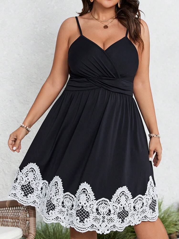 Plus Size Lace Trimmed Spaghetti Strap Dress