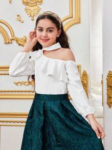 SHEIN Tween Girl Asymmetrical Collar Ruffle Trim 3d Flower Long Sleeve Shirt - White - View 4