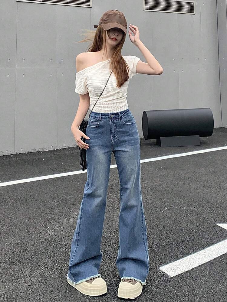 Women Blue Denim Flared Trousers
