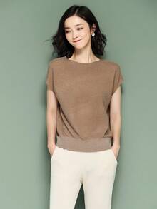 Casual Shiny Crew Neck Knit Top, Spring/Summer - Khaki - View 6