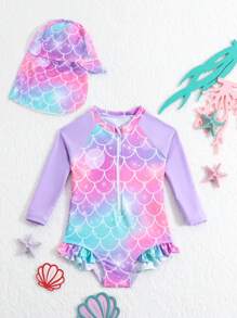 SHEIN Traje De Baño De Una Pieza Con Estampado De Escamas De Pez Para Bebé Niña, Manga Larga Con Borde Y Sombrero Con Volantes, Traje De Baño Para La Playa De Verano