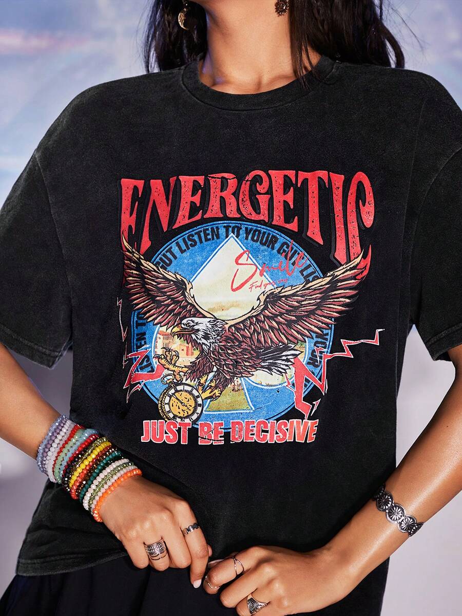 SHEIN EZwear Country Concert Concert Adventure Core Fried Snowflakes Eagle And Letter Printed Loose Fit Round Neck Short Sleeve T-Shirt - Dark Grey - View 1