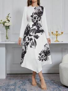 Modelyn Women's Floral Print Round Neck Long Sleeve Dress