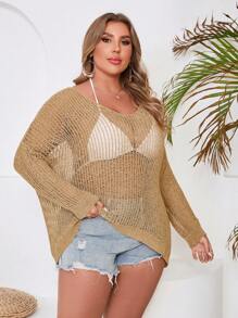 SHEIN VCAY Plus Size Hollow Out Knitted V-Neck Drop Shoulder Sweater - Khaki - View 3