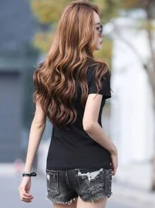 INAWLY 女士純色v領t恤 - 黑色 - 查看 2