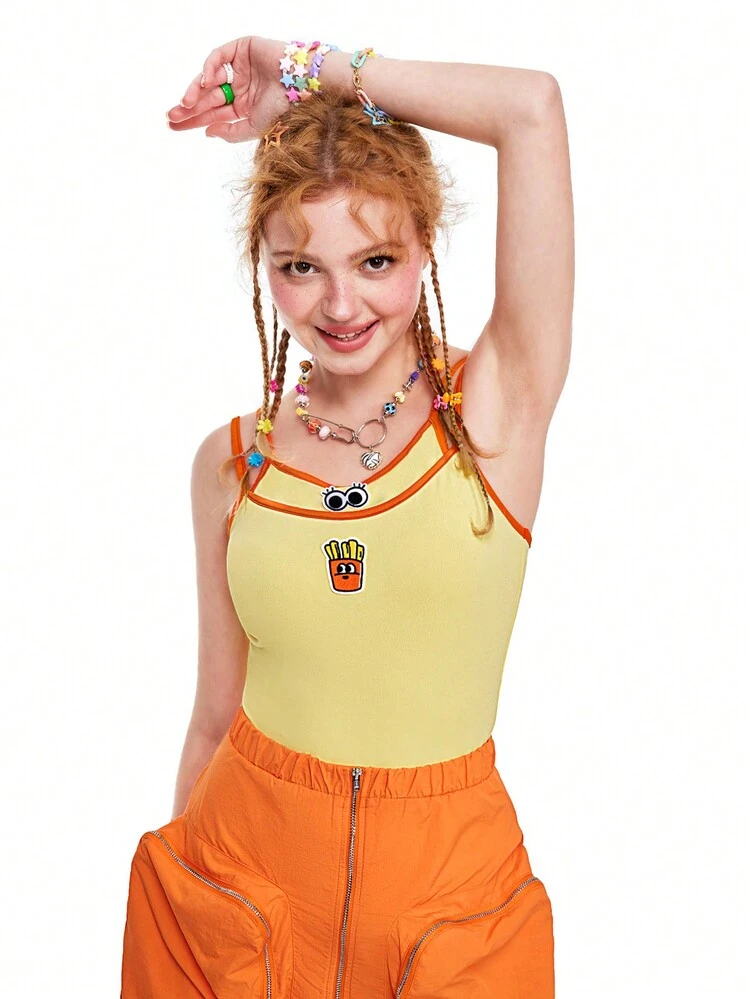 Quirky Fun Dopamine Yellow Delicious Potato Chips Embroidered Bodysuit