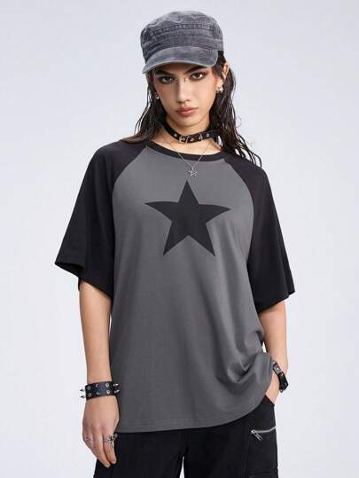 Grunge Punk Camiseta de manga raglán con estampado de estrellas, ajuste holgado, informal, de color block, para la escuela