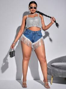 SHEIN SXY 加大碼女士牛仔短褲,帶有流蘇邊和拼接設計 - 中等水洗藍 - 查看 3