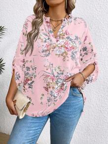 SHEIN Clasi Kích thước lớn Hoa In Cổ áo có khía Giải trí Áo sơ mi - Hồng - Xem 1