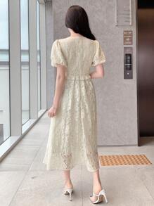 DAZY Vestido de manga corta con cuello en V de encaje, manga abullonada y cintura ceñida para mujer, vestido de verano