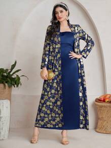 Al Najma Loose Fit Casual Abaya With Gold Foil Print, Muslim Fashion Abaya For Casual/Festival/Gathering/Travel - Navy Blue - View 5